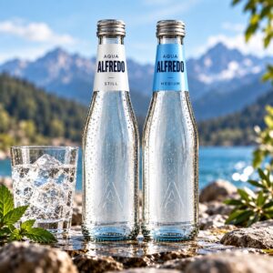 Zwei Flaschen Alfredo Wasser still und spritzig vor einem Bergsee