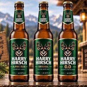 Drei Flaschen Harry Hirsch Alpine Beer, Original und 0,0