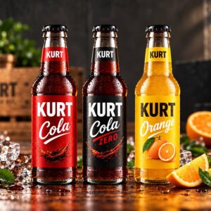 Drei Flaschen KURT Cola, Cola Zero und Orange