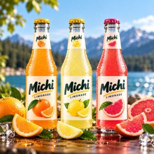 Drei Flaschen Michi Limonade mit Orangen, Zitronen und Grapefruit