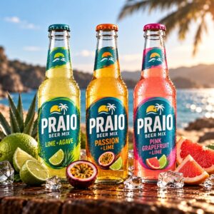 Drei Flaschen PRAIO Beer Mix in Lime, Passion und Pink Grapefruit