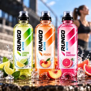 Drei Flaschen RUNGO Active in Lemon Lime, Peach und Pink Grapefruit