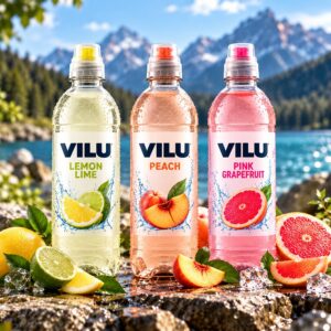 Drei Flaschen VILU in Lemon Lime, Peach und Pink Grapefruit