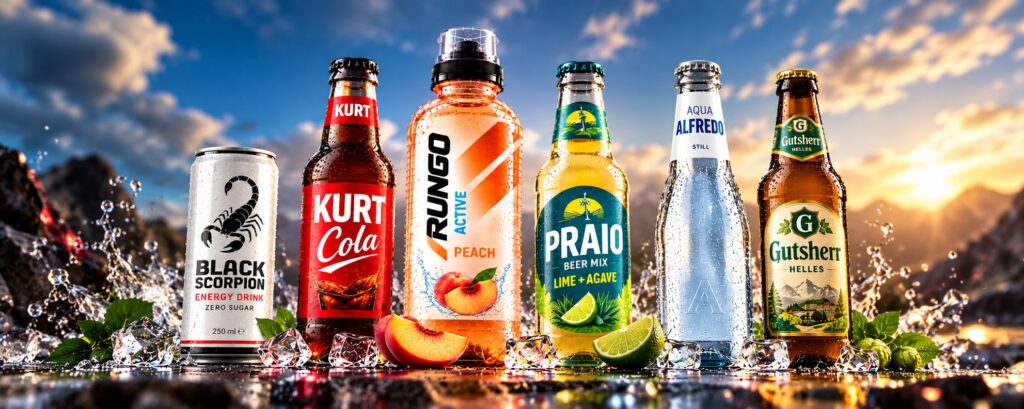 Produktreihe der WEKU-Eigenmarken vor Bergkulisse im Abendlicht: Black Scorpion, KURT, RUNGO, PRAIO, Aqua Alfredo und Gutsherr
