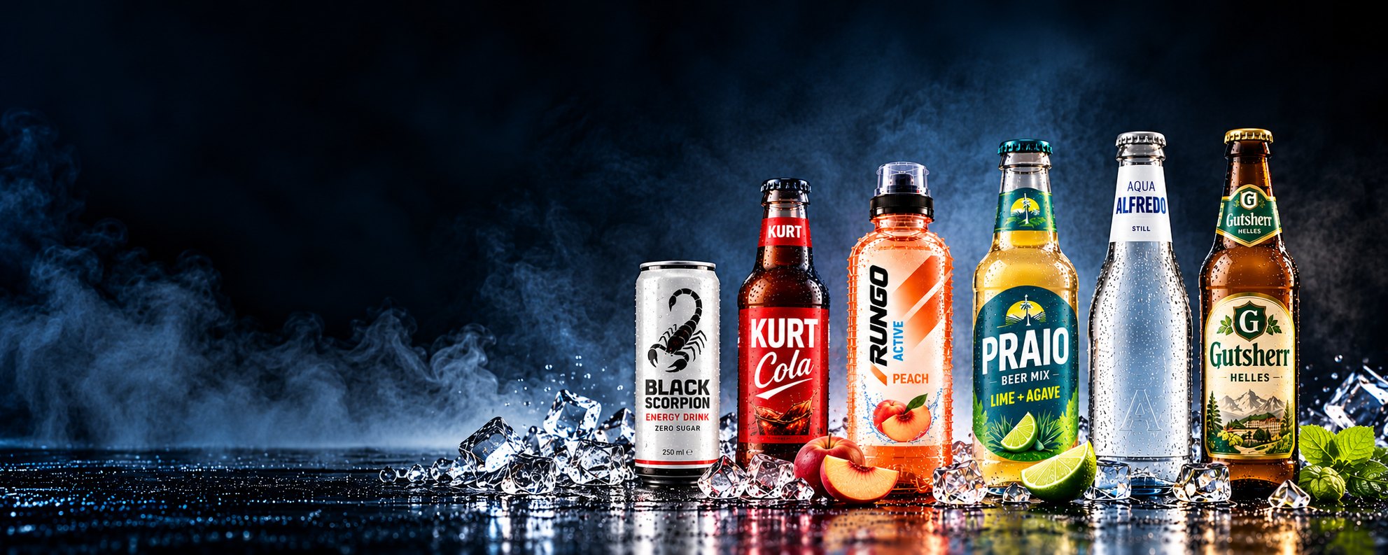 Produktreihe der WEKU-Eigenmarken vor dunklem Hintergrund: Black Scorpion, KURT, RUNGO, PRAIO, Aqua Alfredo und Gutsherr