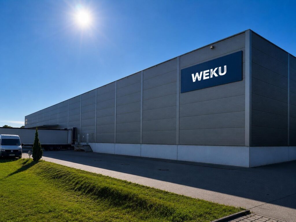 Lagerhalle der WEKU mit Firmenschild, davor ein Lkw an der Verladerampe