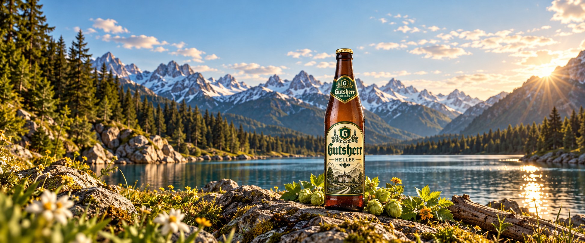 Flasche Gutsherr Helles auf einem Felsen vor Bergsee und Alpenpanorama